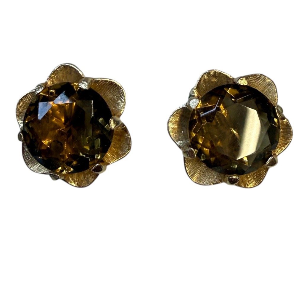 Vintage 1960s Smoky Topaz Glass Flower Clip On Earrings Gold Tone MCM